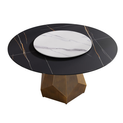 59.18" Round Table With Artificial Marble Top & Metal Base, 31.5" Turntable, , Accommodates 6-8 Diners Dining Panel, Rotatable Disk, Heat-, Guests
