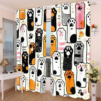 2Pcs Grommet Cute Cartoon Cat Paw Print Blackout Curtains, Lovely Cartoon Cat Paw Pattern Print Drapes, Thermal Insulated, Noise Reducing & Privacy Protection, Decorative Room Darkening Window Drapes for Bedroom, Living Room Home Decor