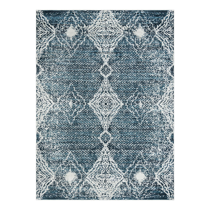 Massie Geometric Machine Woven Polyester Area Rug in Navy Blue/Ivory, Rectangle 10' x 14'1"