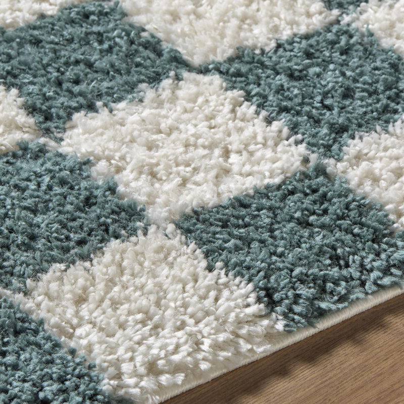  Tapis tissé à la machine Edaline, Rectangle 6 pi 7 po x 9 pi, Blanc / ivoire / bleu sarcelle