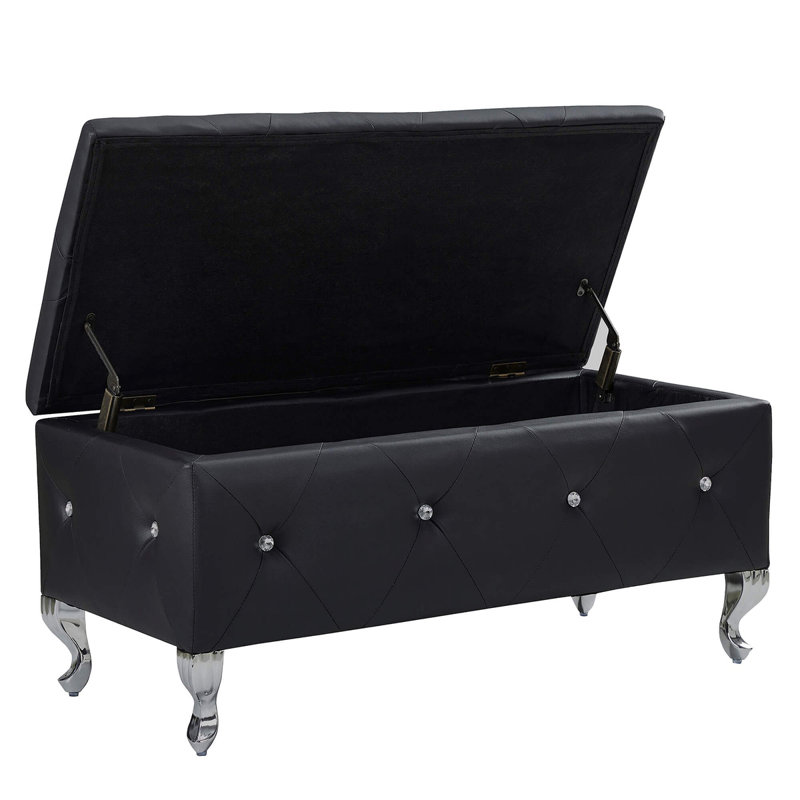 Juilianna Glam Modern Upholstered Storage Bench, Black Faux Leather