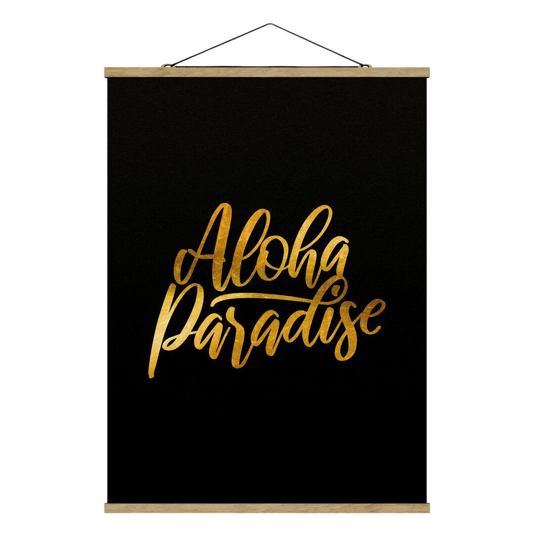 Stoffbild Mit Posterleisten - Gold - Aloha Paradise Auf Schwarz - Hochformat 4:3