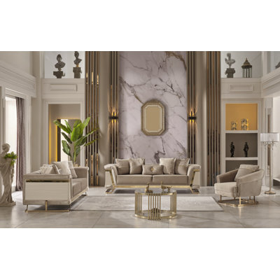 Taylianna 3-Piece Living Room Set – Beige Sofa and Two Chairs with Gold Accents