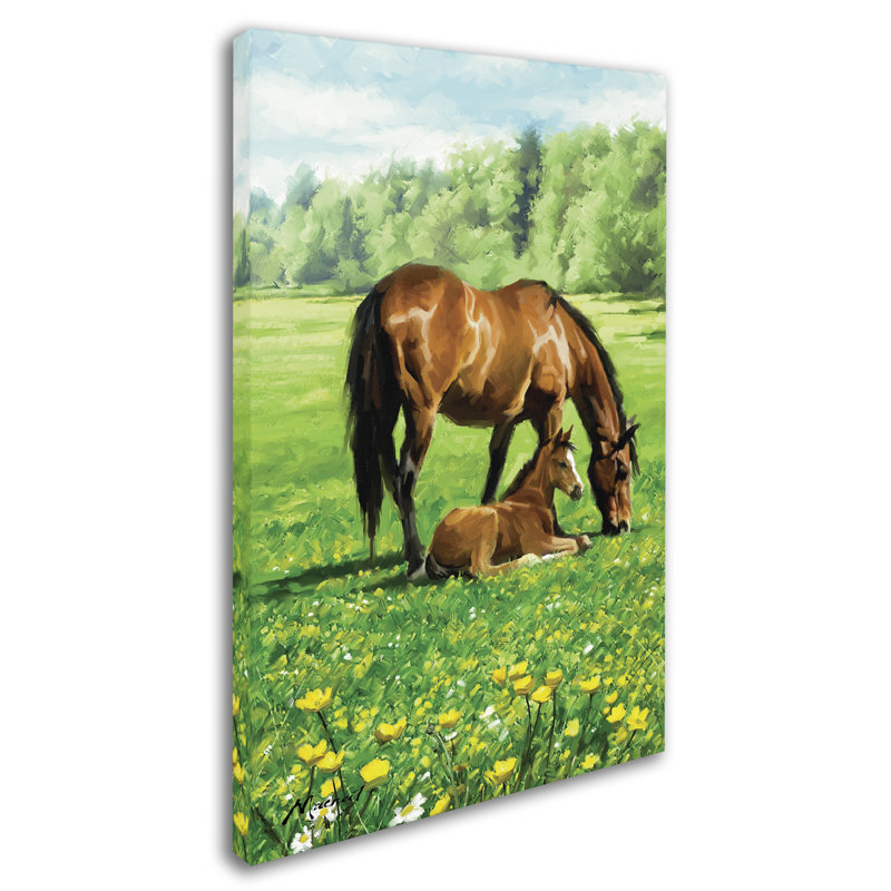 Large Green and Brown Canvas Art with Horses in Field