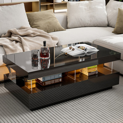 Table basse moderne laquée brillante avec éclairage DEL 16 couleurs et 2 tiroirs, dessus en acrylique ajouré, pour salon, noire