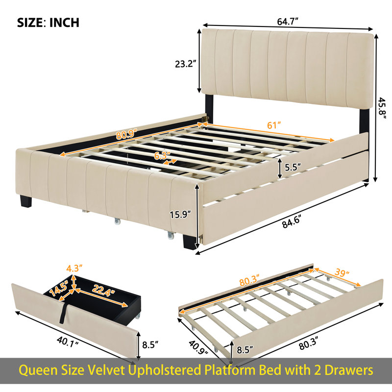 Queen Size Velvet Upholstered Platform Bed With 2 Drawers And 1 Twin XL Trundle, Beige