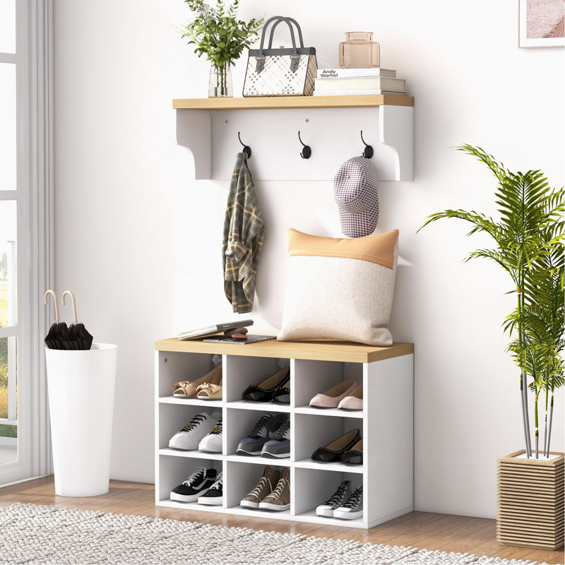 Ensemble de banc à chaussures 2 en 1, support à chaussures 9 paires avec portemanteau, entrée moderne, couloir, vestibule, rangement pour la chambre à coucher, blanc