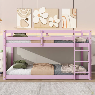 Solid Wooden , Solid Rubber Wooden Twin Over Twin Floor Bunk Bed With Ladder ,Upper And Bottom Bed Platforms Crafted With Strengthened Slats