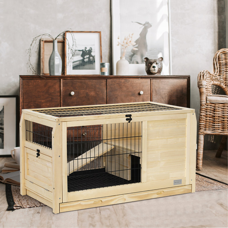 Cage à lapin en bois pour petits animaux avec plateau en plastique, Naturel