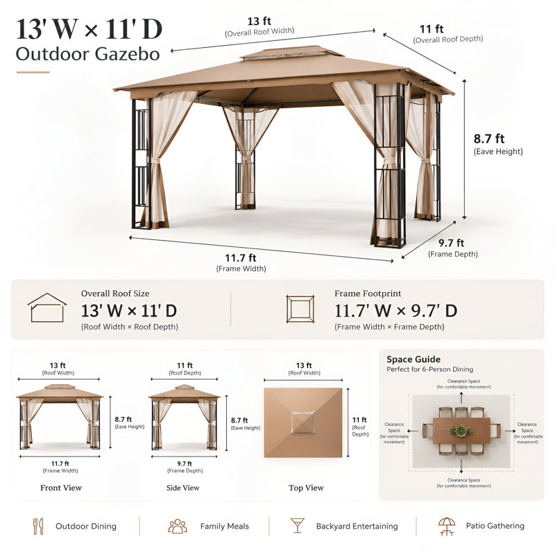 13'x11' Double-Roof Patio Gazebo with Mosquito Netting,Heavy Duty Gazebos Shelter Party Tent, Khaki
