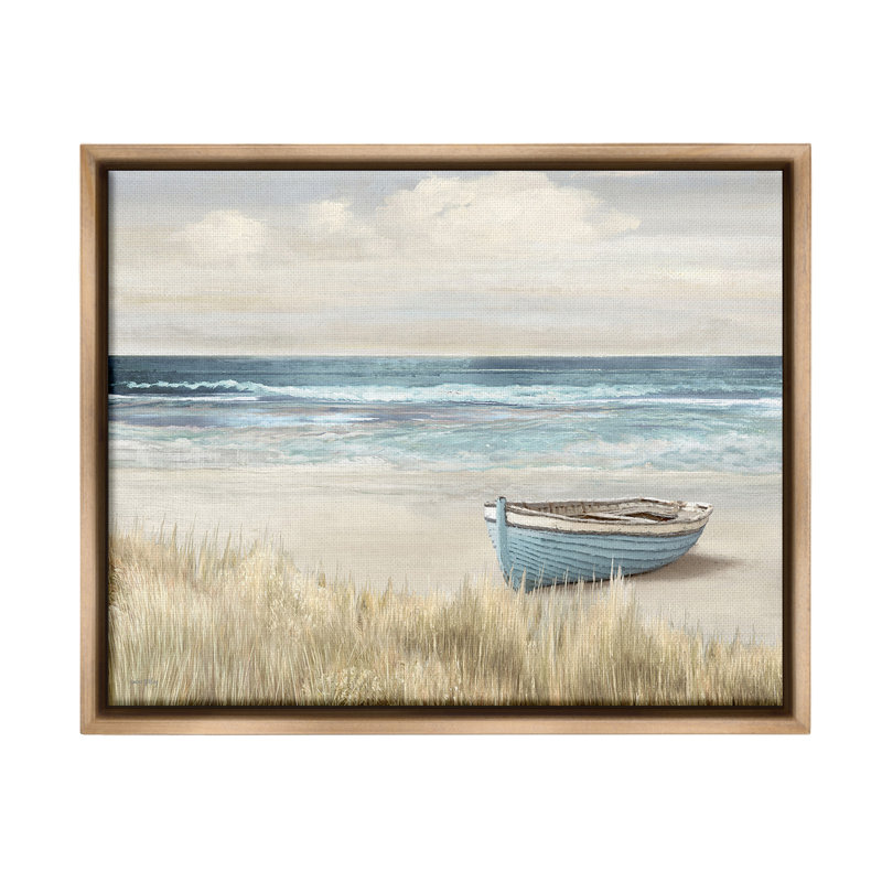 «Boat On Grassy Shore Floater Frame» par Amber Sterling sur toile, Cadre flottant orme Montalcino, H 25 po x l 31 po