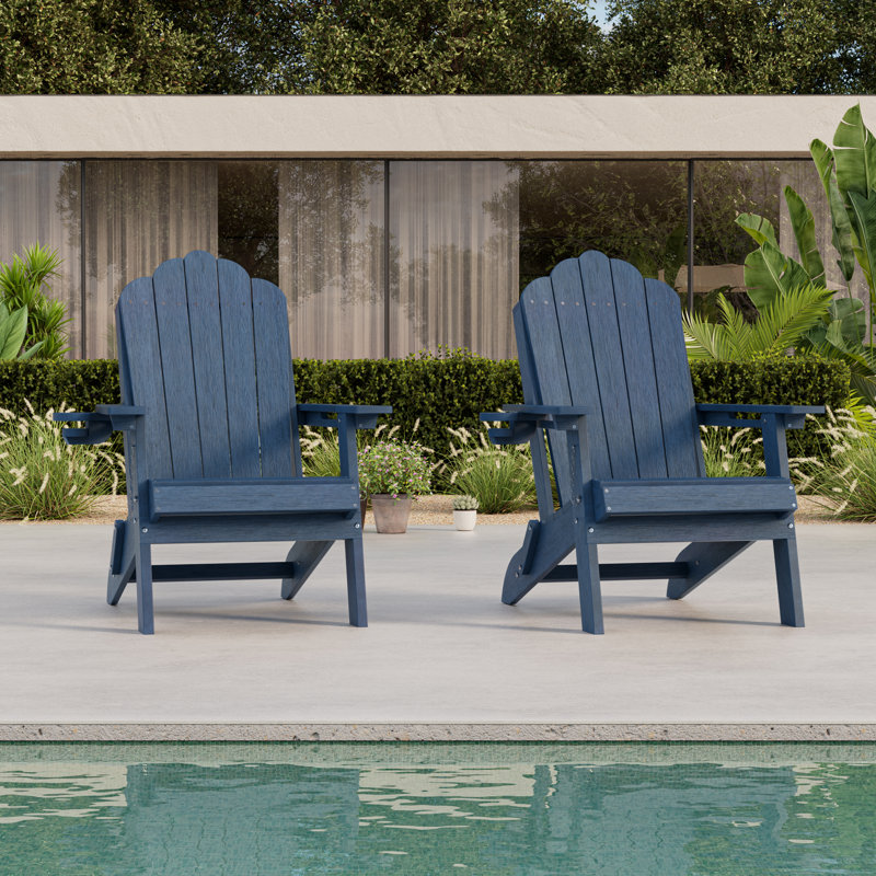 Classic Folding Adirondack Chair, HDPE Adirondack Chair with Ergonomic Design & Cup Holder for Patio and Fire Pit, Navy