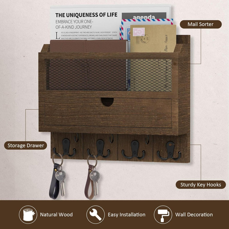 Wood Wall Organizer with Mail Storage