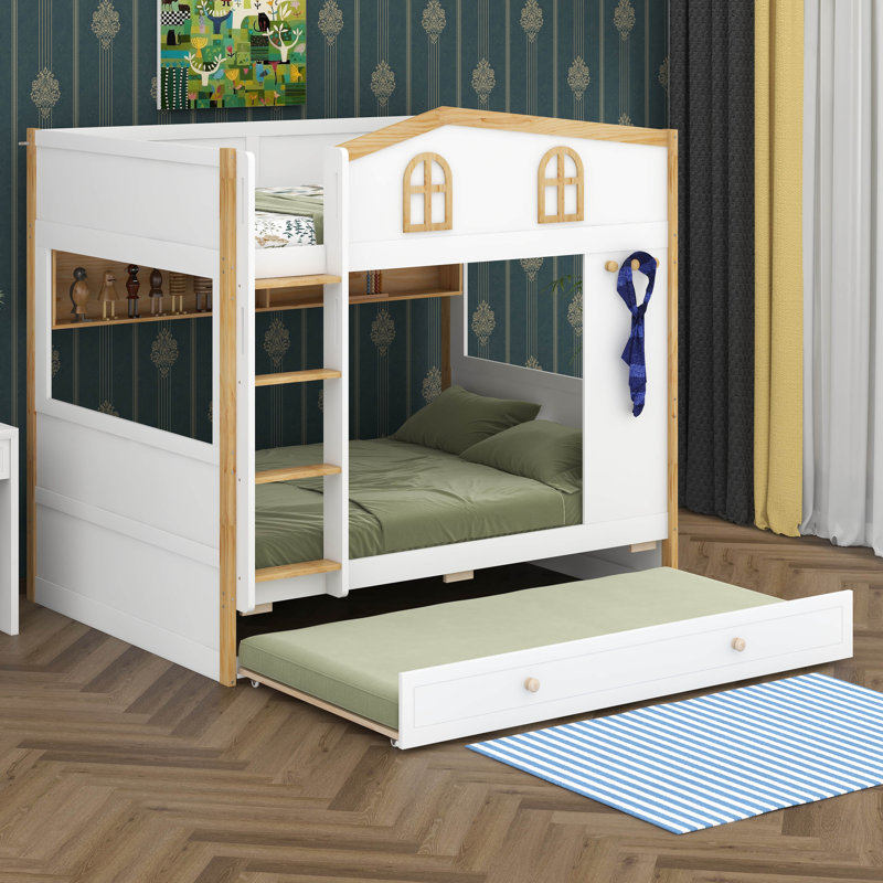 Lit superposé avec garde-corps en forme de maison et lit gigogne, lit superposé en bois avec tablettes de rangement