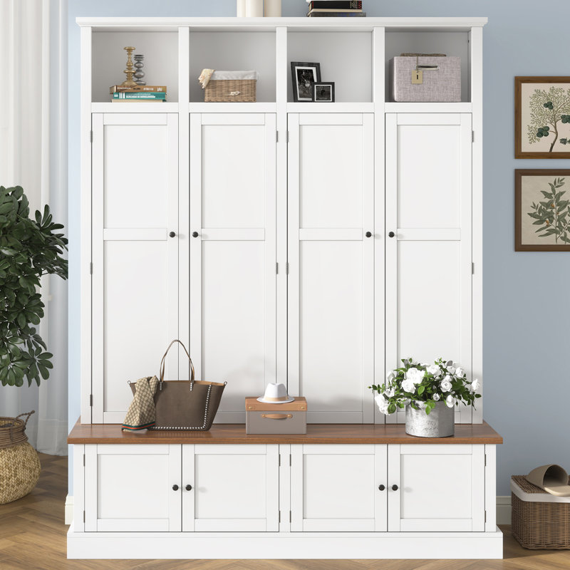 Hall Tree 59'' Wide With Bench And Shoe Storage, White/Brown