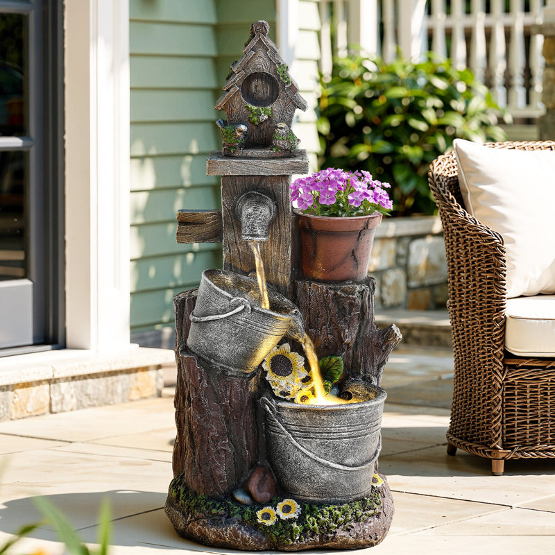 20" 3-Tier Pastoral Water Fountain with LED Lights, Bucket Birdhouse Cascading Waterfall Decor, Weather-Resistant Resin Outdoor Feature