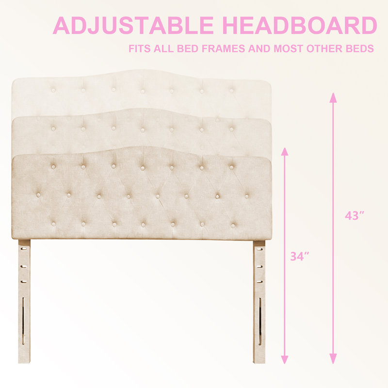 Tête de lit tapissier en lin capitonnée, structure en bois massif avec hauteur réglable de 34 po à 43 po - Conception moderne à boutons pour toute chambre à coucher