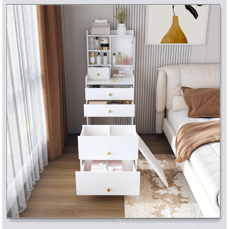 3-In-1 Dressing Table With LED Mirror & Storage, Compact Makeup Vanity With 4 Drawers, Cabinet, And Hidden Stool