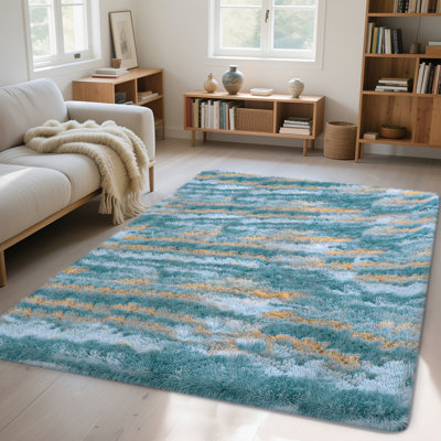Blue Yellow Living Room Rugs, 5x7 Area Rug, Performance Rug with 4 Stickers, Soft Shaggy Decorative Rug For Bedroom, Ideal For High Traffic Areas Indoor, Modern Room Decor, Gift For Halloween, Christmas, Thanksgiving, Graduation Season