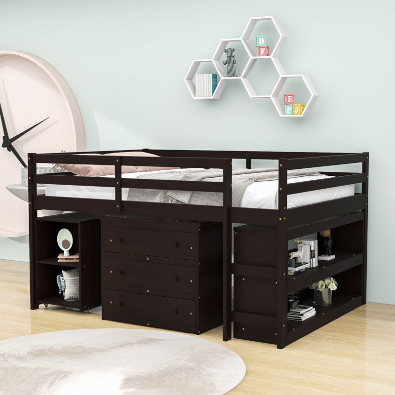 Englas Kids Full Loft Bed with Drawers, Espresso