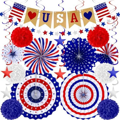 26 décorations du 4 juillet du PCS, 250 décorations de fans en papier rouge blanc et bleu, journée du 4 juillet