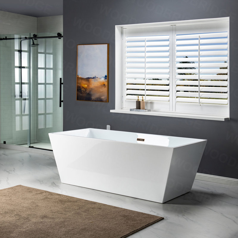 67" x 32" Freestanding Soaking Acrylic Rectangular Bathtub, Non-Slip Design, White, Brushed Gold