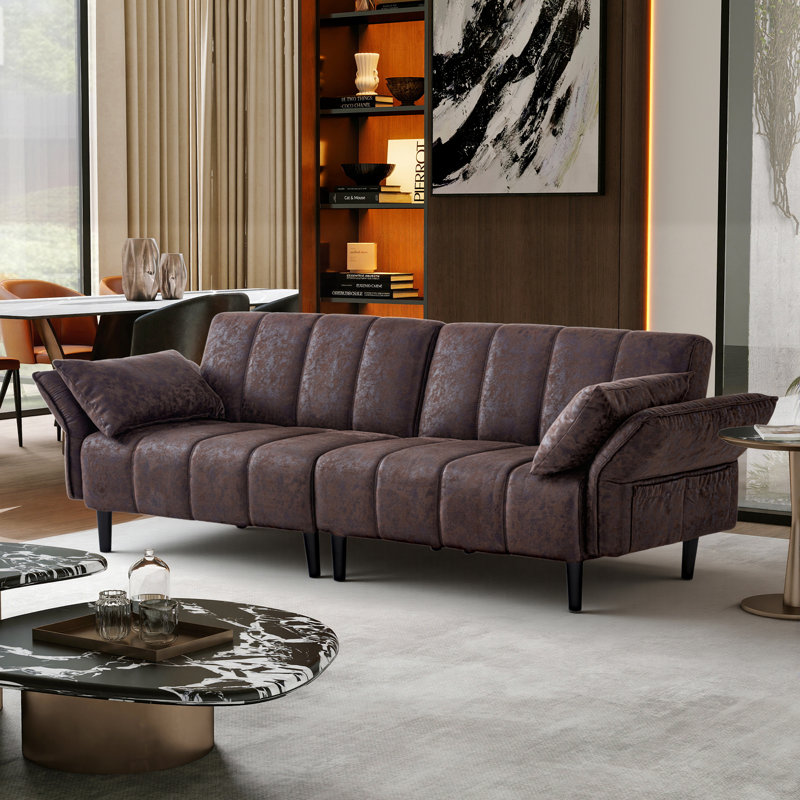 82.7'' Faux Leather Convertible Sofa, Mid Century Modern Leather Futon Sofa Bed with Adjustable Backrest Armrest & Storage Pocket