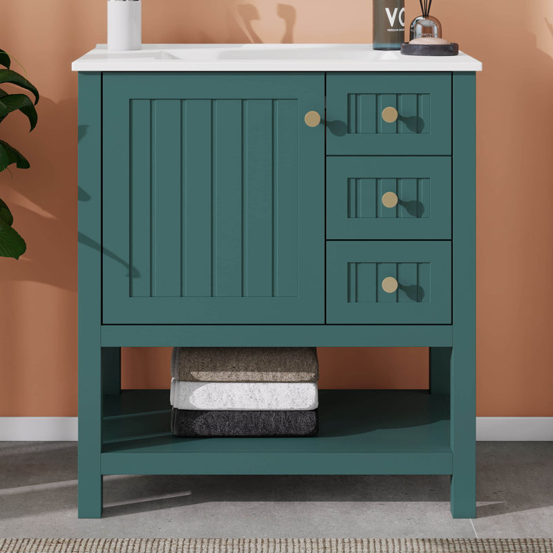 Meuble-lavabo de 30 po avec lavabo en céramique, meuble-lavabo de style transitionnel avec tiroirs et tablettes