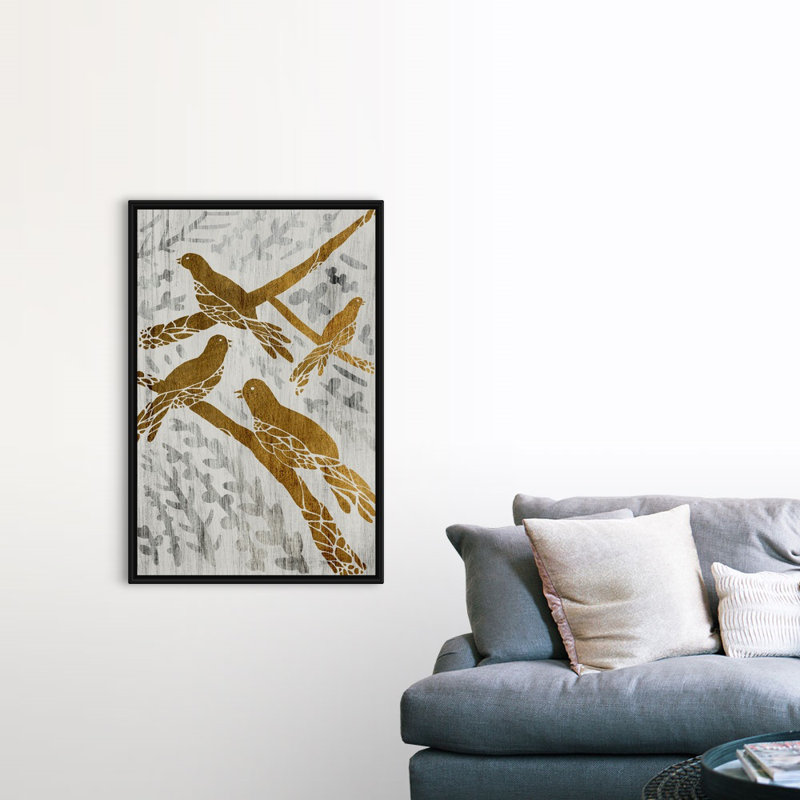 Reproduction d’art sur toile, "les oiseaux à quatre appels-feuilles d’or", Cadre noir, H 50 po x l 34 po x P 1,75 po