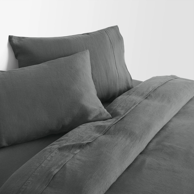 100% Linen Sheet Set, Full Sheet Set + 2 Pillowcases, Charcoal