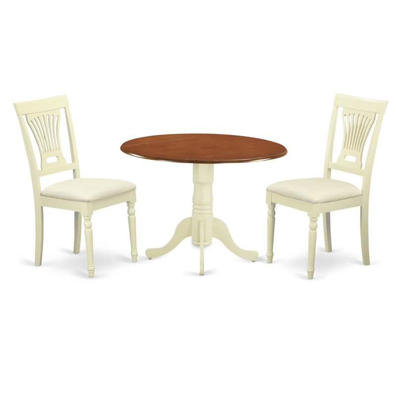 Dublin Leaf Rubberwood Solid Wood Dining Set, Saddle Brown, 3 Pieces: 1 Table, 2 Chairs, Linen Fabric
