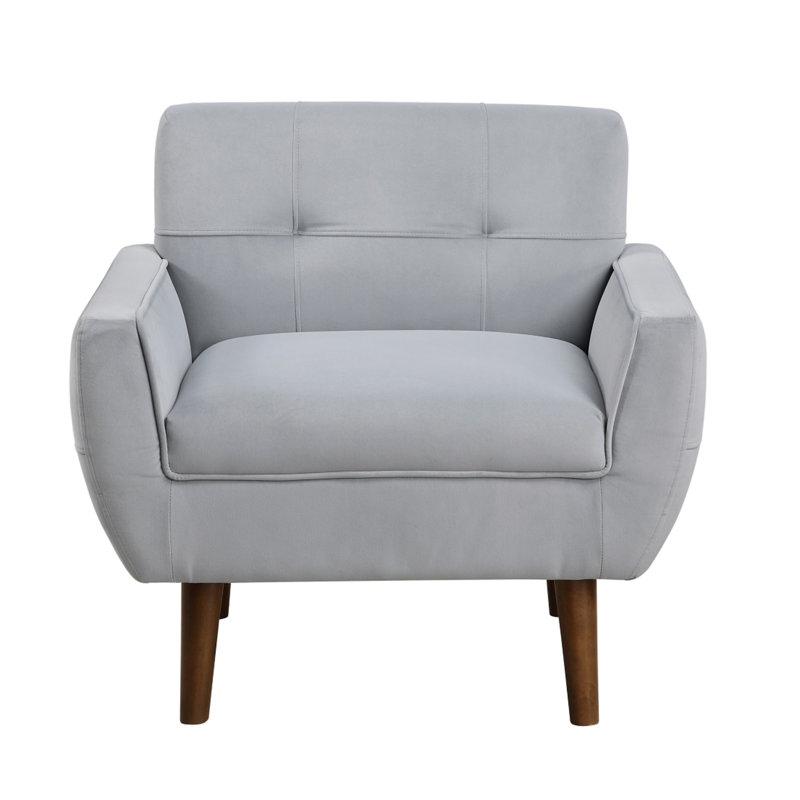 Fauteuil Roa, velours gris clair, dossier capitonné avec pieds fuselés, Gris