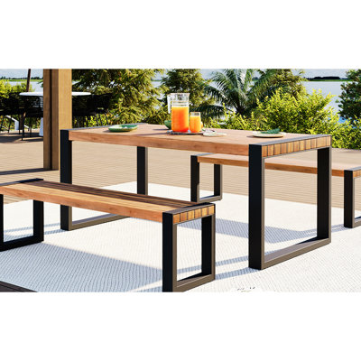 3 chaises de patio avec plateau en bois et pieds en acier, toutes saisons, pour l'intérieur et l'extérieur, variations naturelles, assemblage rapide