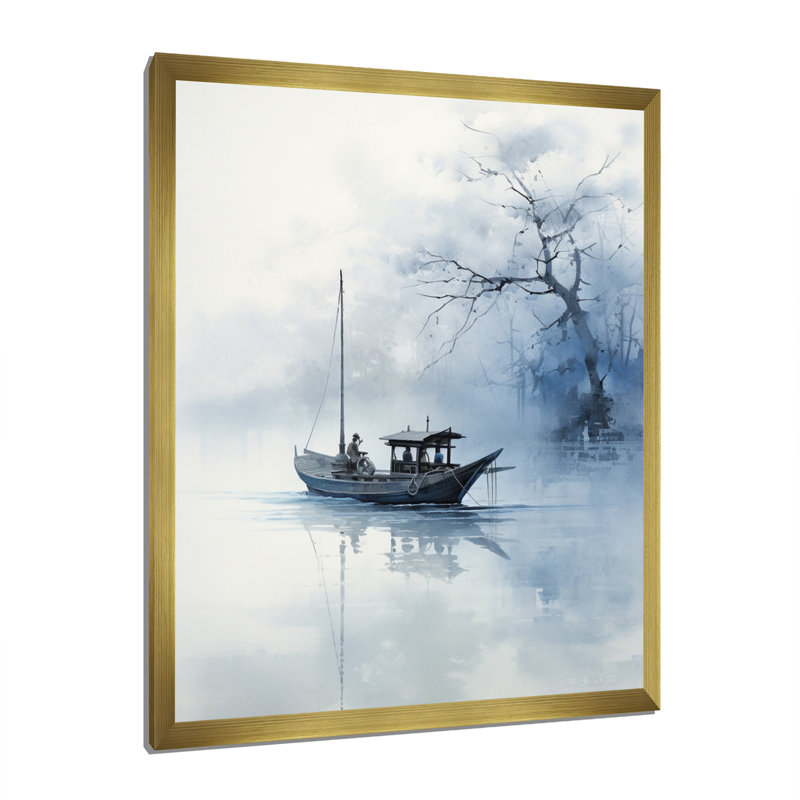 Art asiatique, bateau bleu - impression, H 32 po x l 16 po x P 1 po, Toile encadrée or simple