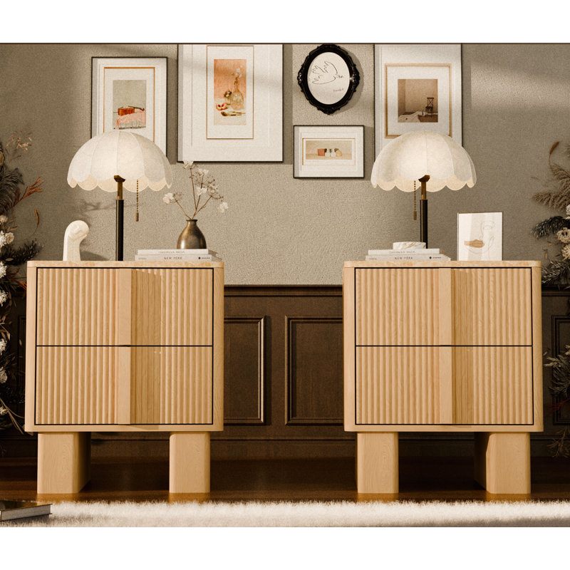 2-Drawer Nightstand Set of 2 with Charging Station, Modern Bedside Table with Storage, Light Oak