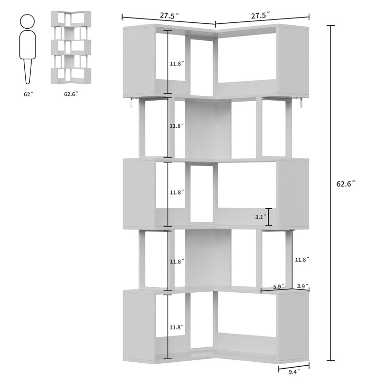 Space-Saving L-Shaped 6-Tier Corner Bookshelf, White