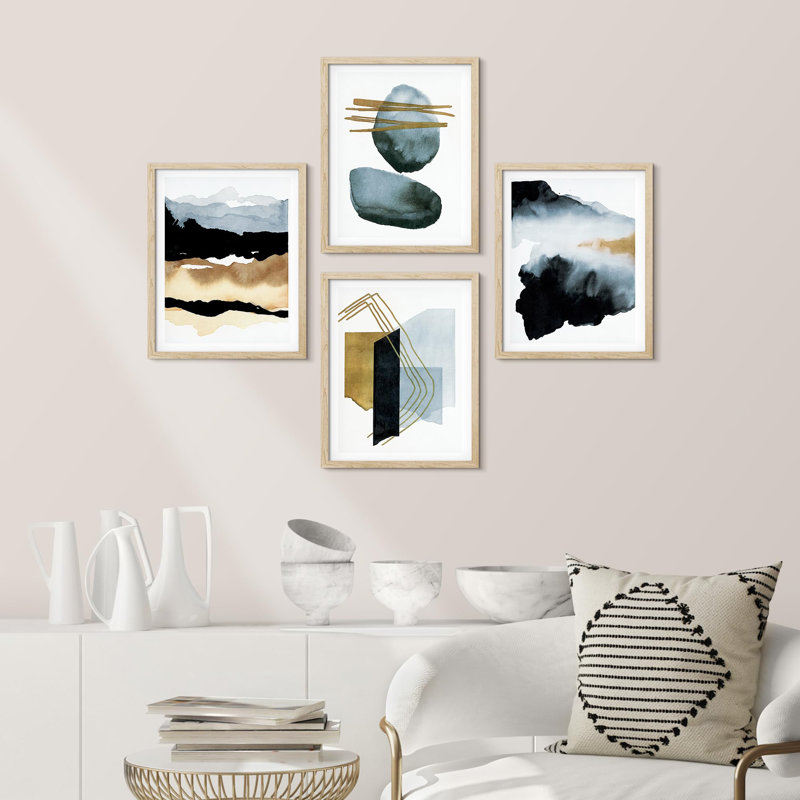 «Bathroom Bathroom Decor Multicolor Blue Pastel Aquarelle Landscape Abstract Shapes Wall Art Relax», impression encadrée sur papier, 4 pièces
