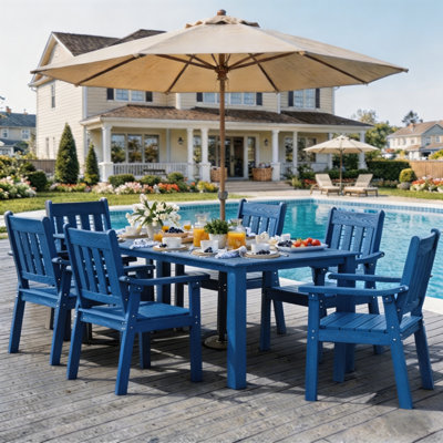 All Weather Rectangular HIPS Patio Dining Table Sets with Arm Chairs 7 Piece Outdoor Furniture Set with Umbrella Hole Modern Plastic Outdoor Dining Sets