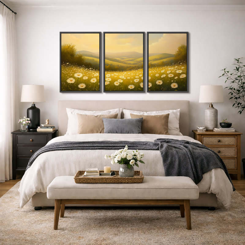 Golden Daisy Meadow, Cadre flottant noir, H 24 po x l 48 po