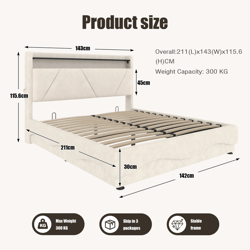 Upholstered Ottoman Storage Bed, Beige, Double (4'6)