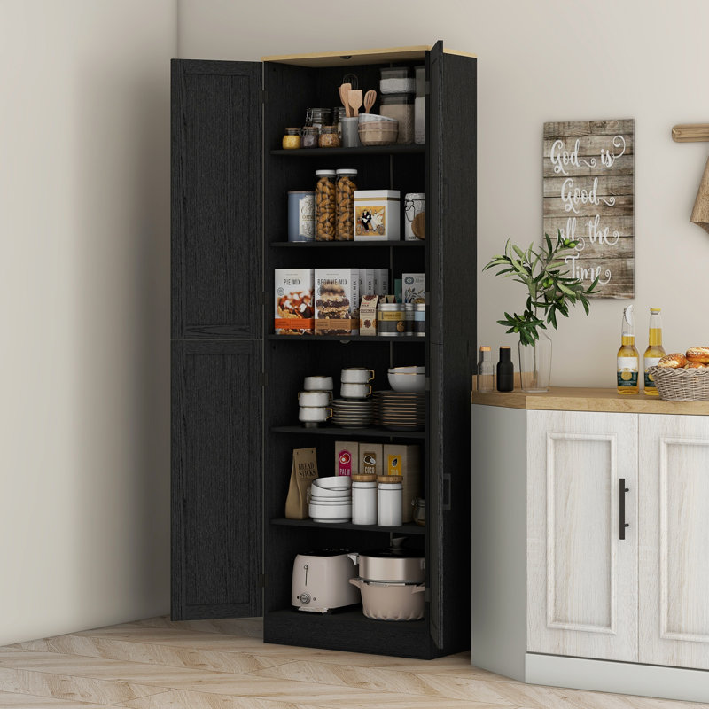 Freestanding Kitchen Pantry, 4-Door Kitchen Pantry Cabinet With Adjustable Shelves And Doors, Distressed Black, Black