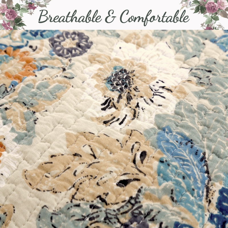 Cotton Floral Quilt, Queen Quilt + 2 Standard Shams