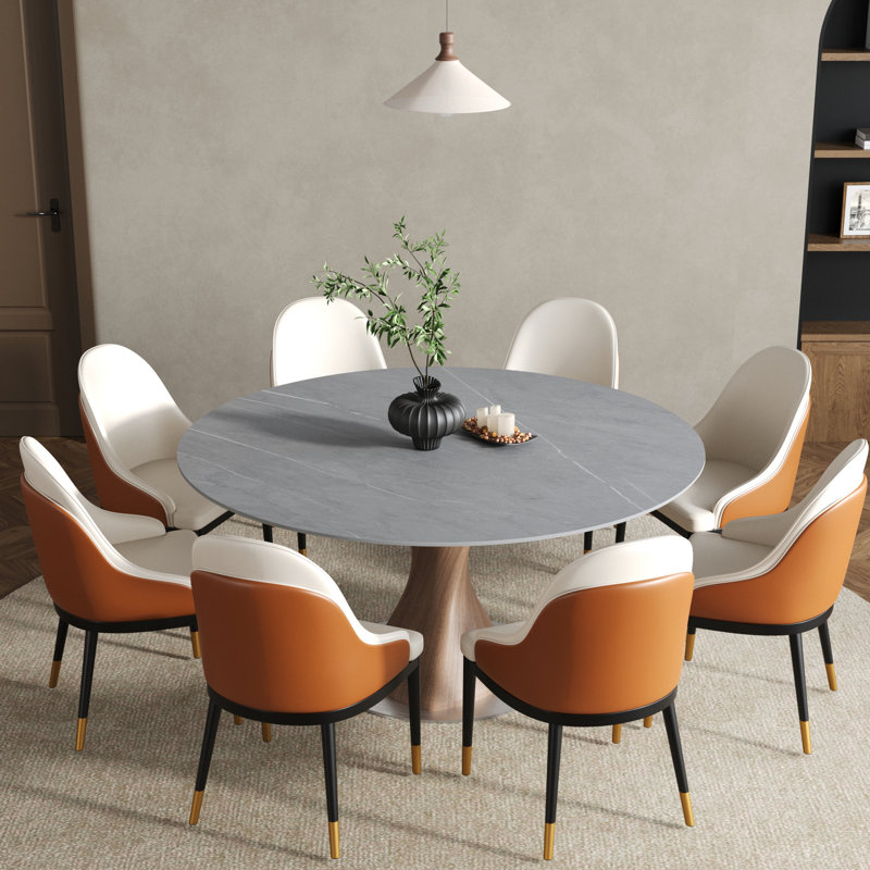 Table de salle à manger stable pour 8 personnes, 29.53"H x 59.06"W x 59.06"D, Gris brumeux, Noyer foncé