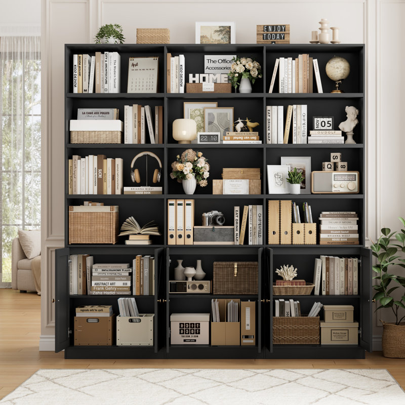 70.9" Wide Bookshelf, Tall Bookcase with 12 Open Shelves and 3 Cabinets, Large Wooden Bookshelves, Matte Raven