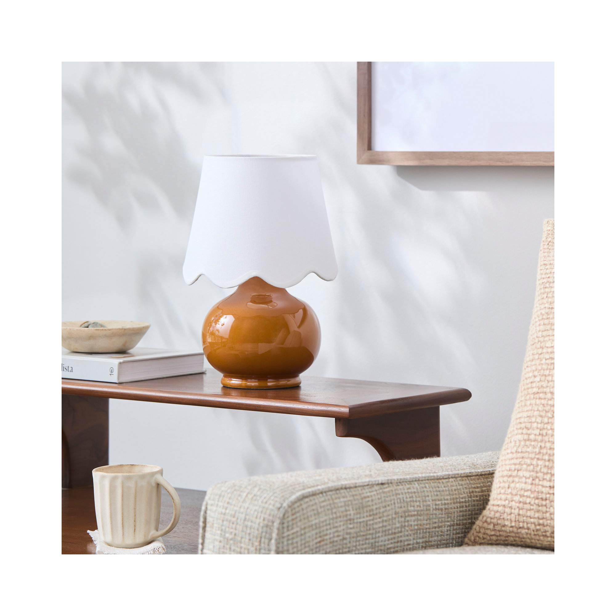 Momsen Scallop Shade Lamp, Brown, 13"" H x 8"" W x 8"" D, White Twill