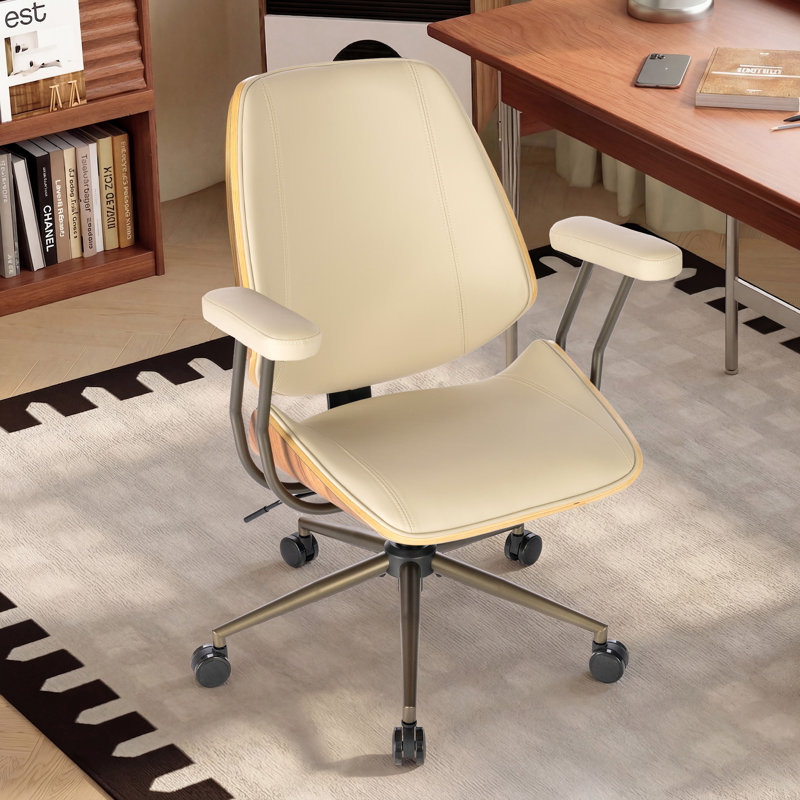 Mid-Century Modern Ergonomic Office Chair with Wood Back, Faux Leather Swivel Desk Chair with Adjustable Height, Beige