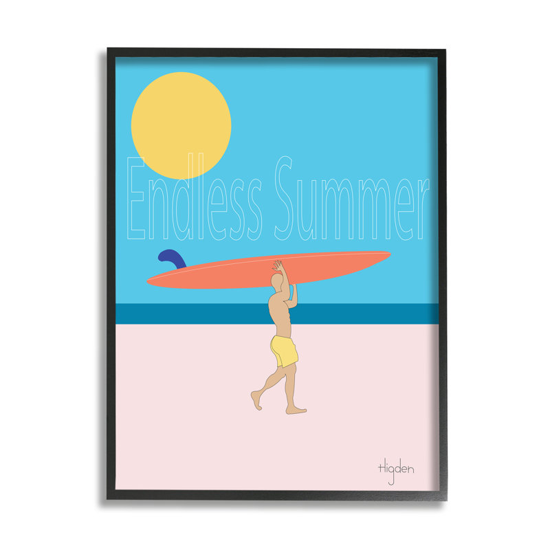 «Endless Summer Text Seasonal Beach Surfer» par Mark Higden - impression d'art graphique, Giclée encadrée noir minuit