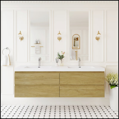 Meuble-lavabo mural 72 po avec lavabo mural 72 po, lavabo mural moderne, deux cuves en quartz noir