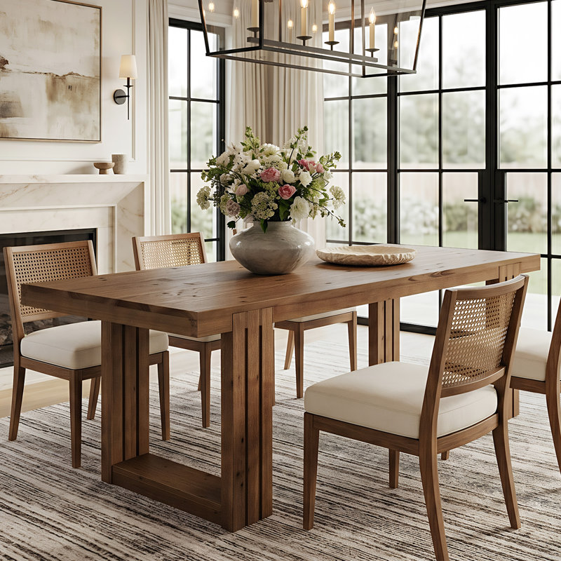 62" Solid Wood Dining Table for 4-6 People, Kitchen Table with Double Pedestal for Dining Room