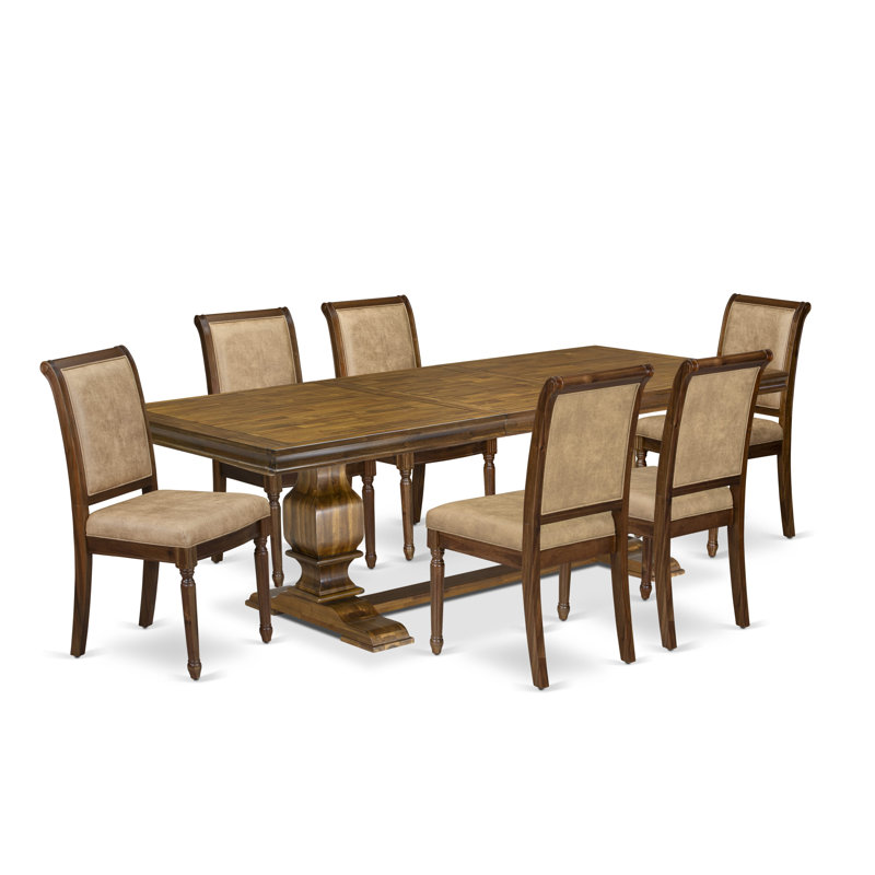 L'ensemble de table de cuisine 7 pièces se compose d'une table de salle à manger et de 6 chaises de salle à manger en similicuir beige avec dossier haut - finition noyer antique